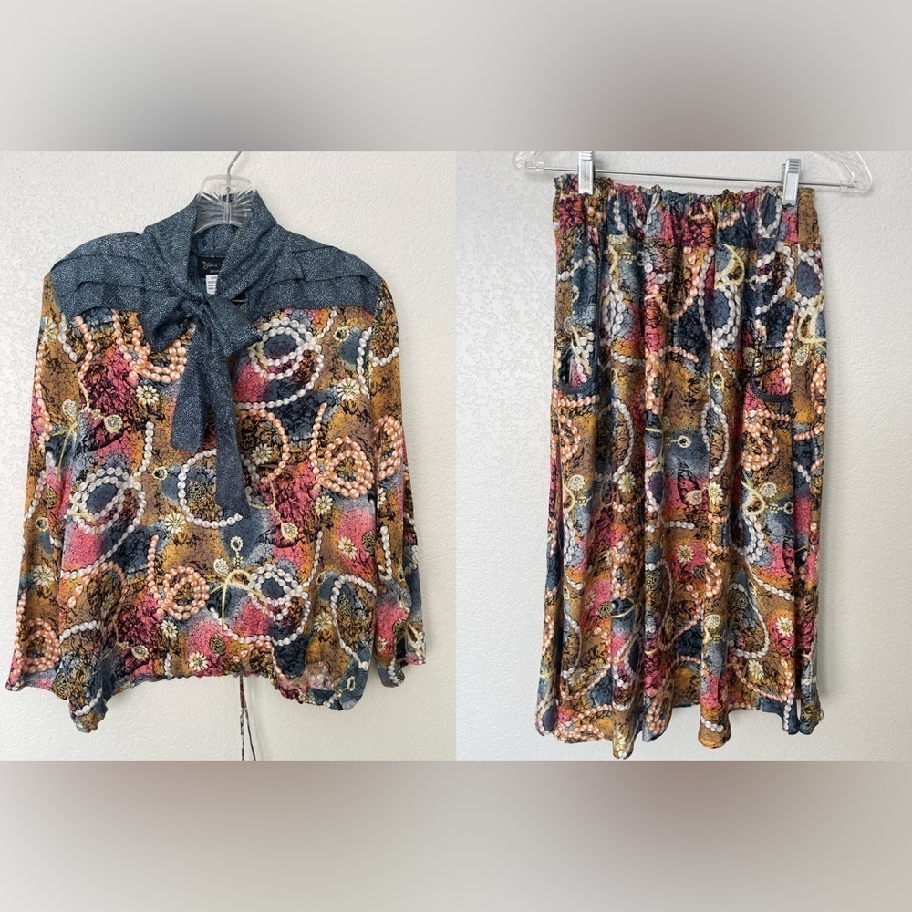 Diane Freis Vtg 80's Silk Skirt Top Set Abstract Bold Color Pearls Size Medium